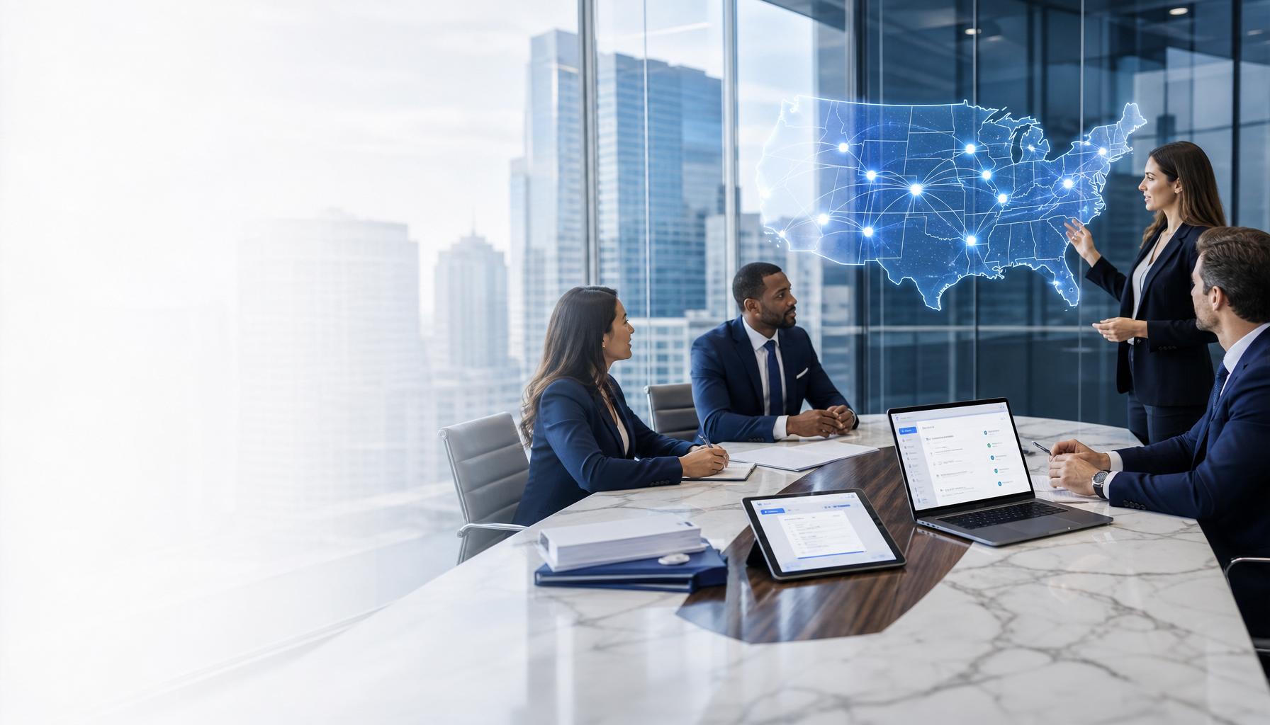 Enterprise closing operations team coordinating nationwide commercial real estate transactions, document execution, loan signing services, title company support, escrow support, and vendor management from a modern corporate conference room with a digital multi-state coverage map